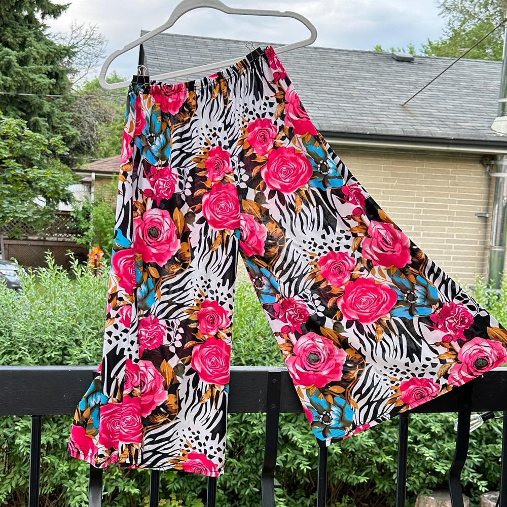 Floral Zebra Print Wide-Leg Pants